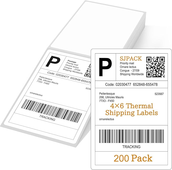 SJPACK 4" x 6" Thermal Labels, 200 Fanfold Labels, Direct Thermal Shipping Label Compatible with Nelko, Rollo, Zebra, Brother, Orgbro, Munbyn, Jadens Shipping Label Printer, Commercial Grade