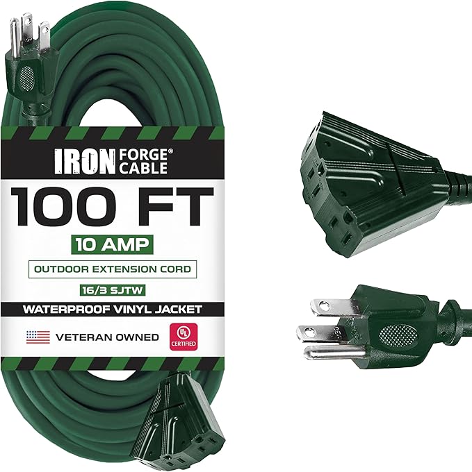 Iron Forge Cable 100ft Green Outdoor Extension Cord with 3 Outlets - 16/3 SJTW 100ft Extension Cord 3 Prong, 10 Amp All-Weather Heavy Duty Power Cable