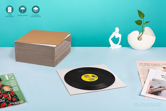 12.5x12.5 inch Corrugated Cardboard Sheets - 12" LP Record Insert Pads for Shipping, Mailing, Packaging, Art Supplies, DIY Crafts, 1/8" Thick Protective Sheets, One-Side White, 50 PCS