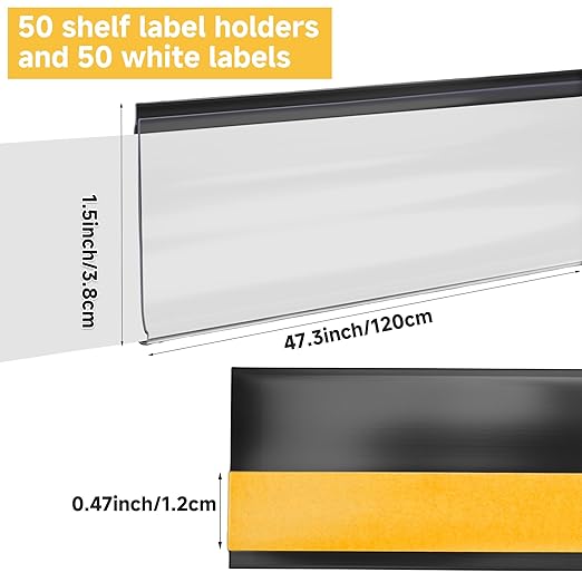 50 Pcs Shelf Label Strips, Self Adhesive Shelf Label Holder, 1.5''H x 48''L with 50 White Labels Sheets Price Tag Holder Clear Plastic Shelves Clip for Supermarket Gondola Shelving