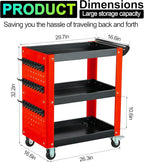 3 Tier Rolling Tool Cart, Mechanic Tool Cart on Wheels, Mechanic Storage Organizer, Utility Cart with Pegboard and Hook for Garage, Workshop, Warehouse（Red & Black）