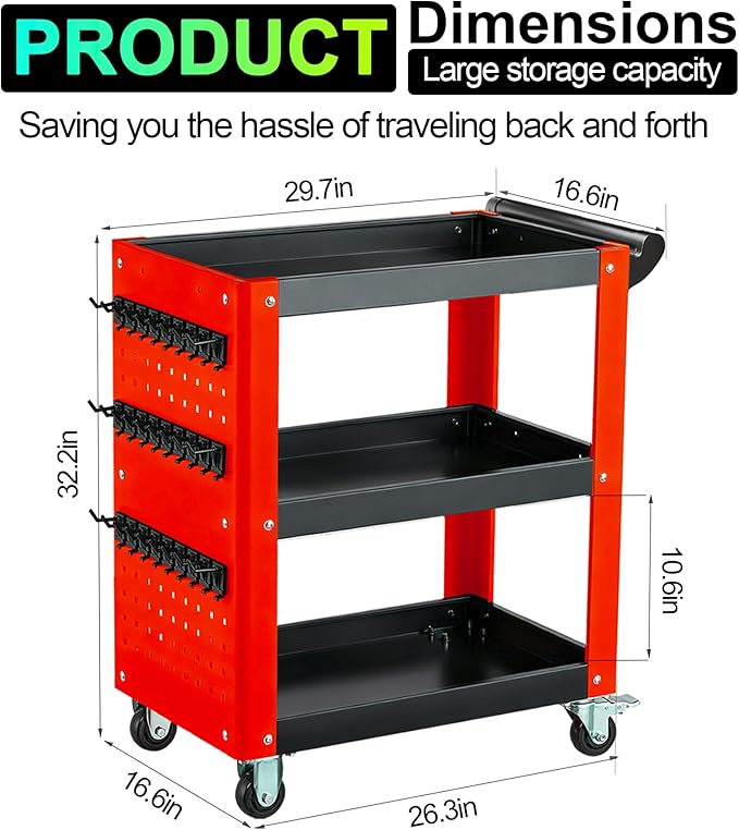 3 Tier Rolling Tool Cart, Mechanic Tool Cart on Wheels, Mechanic Storage Organizer, Utility Cart with Pegboard and Hook for Garage, Workshop, Warehouse（Red & Black）