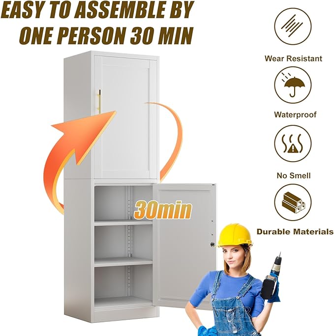 2 Door Metal Locker Cabinet, 19.7’’W Narrow Vertical Steel Storage Cabinet with Locking Door and 4 Adjustable Shelves, Garage Tool File Cabinets for Office, Kitchen, Bathroom, White