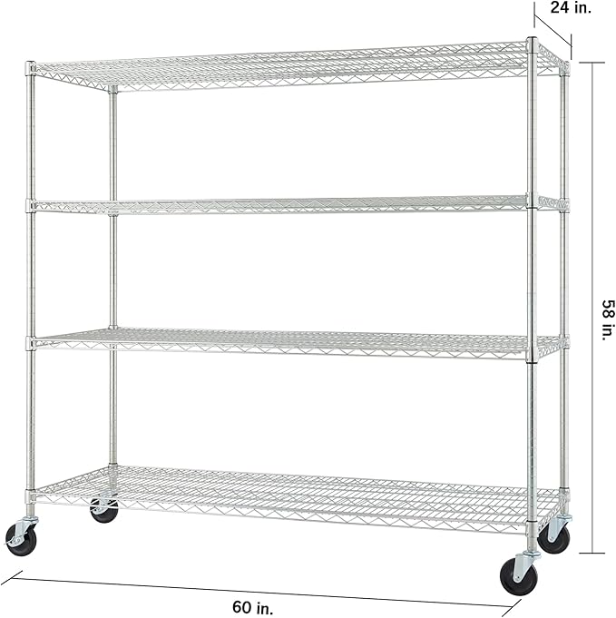 Trinity Basics 4-Tier Adjustable Wire Shelving with Wheels for Kitchen Organization, Garage Storage, Laundry Room, NSF Certified, 600 to 1800 Pound Capacity, 60” by 24” by 54”, EcoStorage Chrome