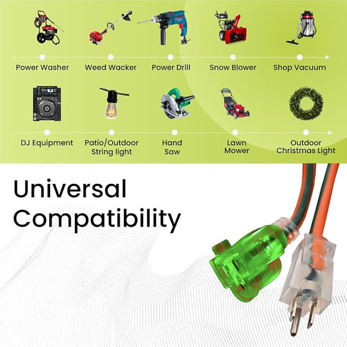 Go Green Power Inc. 16/3 25ft Outdoor Extension Cord with Lighted End - Contractor Grade, Durable, and Moisture Resistant - Ideal for Heavy Duty Tools - GG-13725