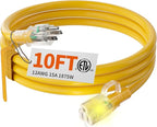 HUANCHAIN 12/3 Gauge Heavy Duty Outdoor Extension Cord 10 ft Waterproof with Lighted end, Flexible Cold-Resistant 3 Prong Electric Cord Outside, 15Amp 1875W 12AWG SJTW, Yellow, ETL