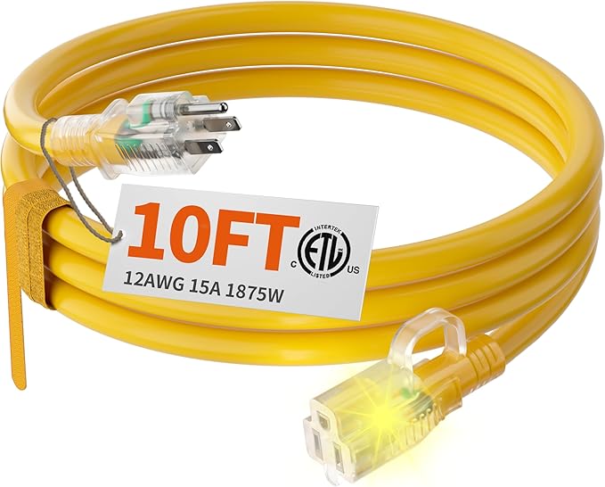 HUANCHAIN 12/3 Gauge Heavy Duty Outdoor Extension Cord 10 ft Waterproof with Lighted end, Flexible Cold-Resistant 3 Prong Electric Cord Outside, 15Amp 1875W 12AWG SJTW, Yellow, ETL