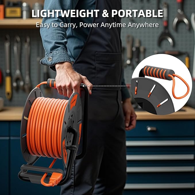 60 FT Retractable Extension Cord Reel, 14AWG SJTOW Heavy Duty Power Cord with 4 Grounded Outlets, USB-A & USB-C Ports, 13A Circuit Breaker, Hand Crank for Indoor Outdoor Use, ETL Listed, Orange