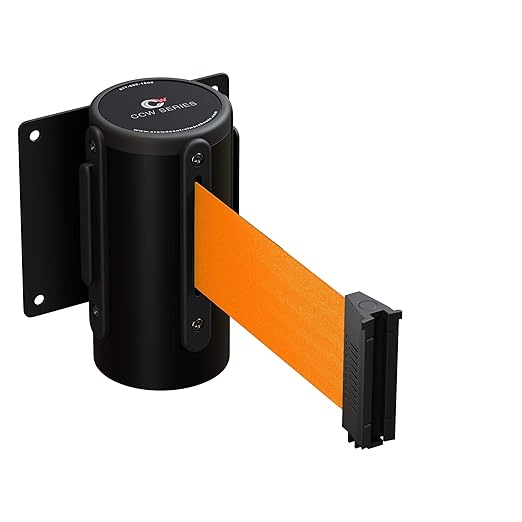 Crowd Control Warehouse - CCW Series WMB-125 Fixed Wall Mount Retractable Belt Barrier - 11 Foot, Fluorescent Orange Belt with Black Steel Case