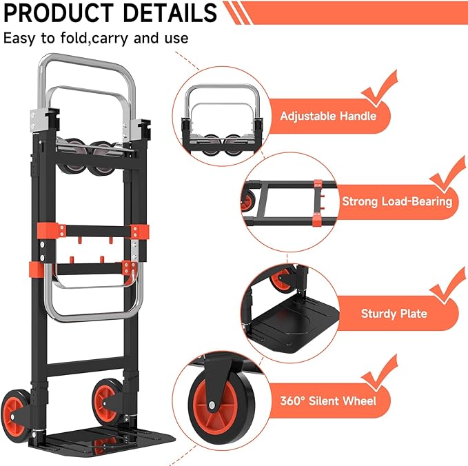 3-in-1 Heavy Duty Folding Hand Truck, 500LB Capacity Convertible Steel Dolly Cart with 360° Swivel Wheels & Telescopic Handle, Foldable Utility Wagon for Moving, Warehouse and Shopping
