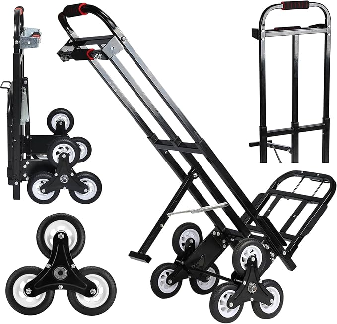 Hand Truck Dolly – 6 Years in Service – Stair Climbing Cart, Stair Climber Cart 460 Lb Capacity All Terrain Stair Dolly Heavy Duty with Telescoping Handle and 6 Wheels (Black) 2 Climbing Ropes