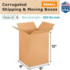Small Moving & Shipping Boxes 8 x 8 x 12 inches (5-Pack) - Extra Strength 200 lb vs Regular - Corrugated Packing Boxes for USPS/FEDEX - Cardboard Shipping Box - Package Box by IDL Packaging