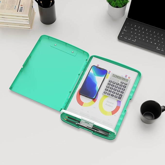 Plastic Clipboard with Storage, 8.5 x 11 Storage Organization Box Side-Opening, Heavy Duty Clip Board with Pen Holder and Paper Folder for Nurses, Teachers, Office & School Supply, Green