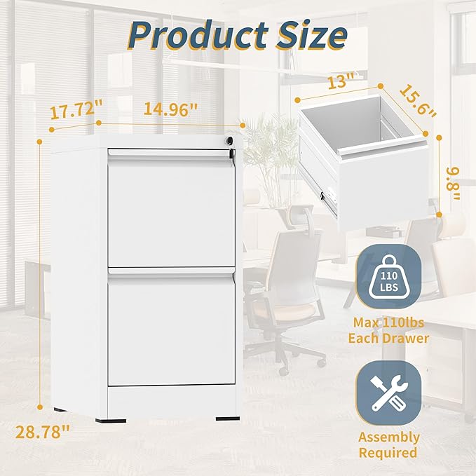 2 Drawer File Cabinet with Lock, Vertical Filing Cabinets for Home Office, Metal Storage Cabinets, Heavy Duty File Cabinet for Letter/Legal/A4/F4 Size Amssebly Required, White