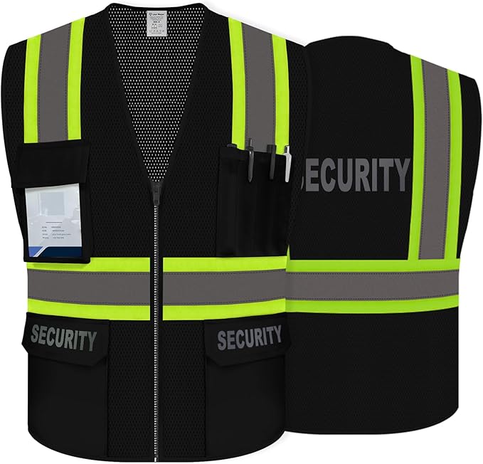 Security Vest for Men Women, Reflective Safety Vest with Pockets, Hi Vis Work Wear with Zipper, High Visibility Apparel, ANSI Compliant, Black, 5XL