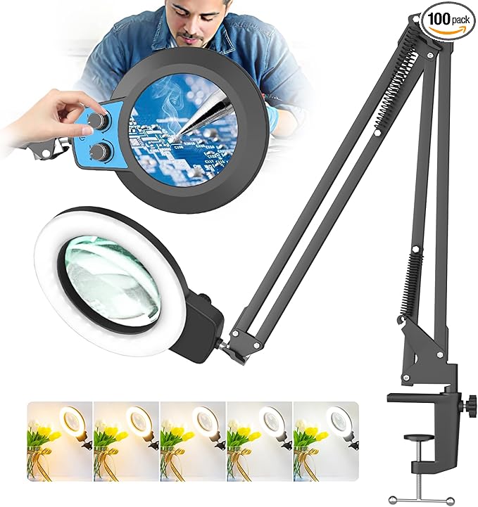 HITTI 12X Long Magnifying Glass with Light, 2025 Upgrade Infinite Color and Brightness LED Magnifying Lamp with Clamp, Hands Free Magnifier Light and Stand for Workbench Crafts Reading Painting - Blue