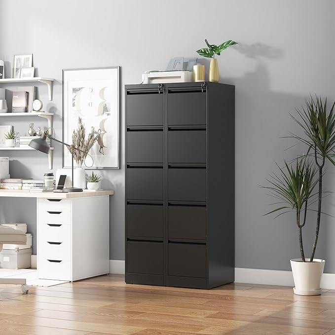 5 Drawer File Cabinet with Lock, Vertical Filing Cabinets for Home Office, Metal Storage Cabinets, Heavy Duty File Cabinet for Letter/Legal/A4/F4 Size Amssebly Required, Black