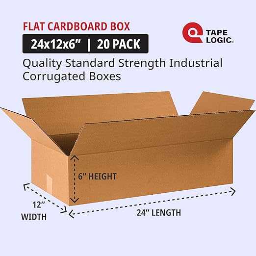 TAPE LOGIC 24x12x6 Flat Corrugated Boxes, Flat, 24L x 12W x 6H, Pack of 20 | Shipping, Packaging, Moving, Storage Box for Home or Business, Strong Wholesale Bulk Boxes