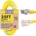 25 Ft Outdoor Extension Cord - 15 Amp 12/3 SJTW Heavy Duty Yellow 12 Gauge Lighted Electrical Cable with 3 Prong Grounded Plug
