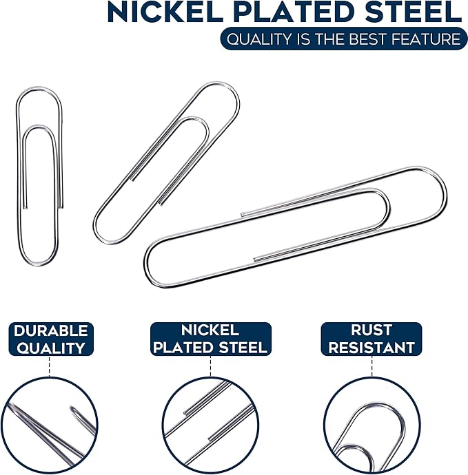 500 Pack Paper Clips by Luxurecourt - 3 Assorted Sizes of Silver Small and Large Paperclips Bulk, Rust-Resistant Nickel Plated Steel Clips, Essential for Organization - Home, School, Office Supplies