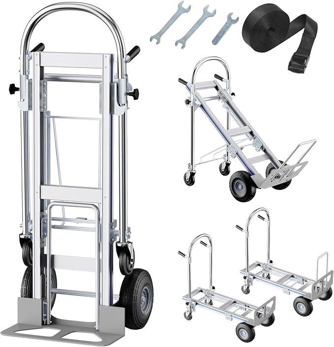 Hand Trucks Heavy Duty Aluminum Dolly Cart, 3 in 1 Design 1000 Lbs Capacity with Solid Wheels - Foldable, Portable, Ergonomic Handle, Perfect for Construction, Warehouses, Factories, Indoor & Outdoor