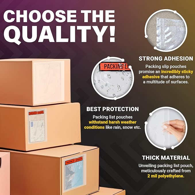 ABC Packing List Envelopes, 9.5 x 12 Inch. 500 Pack 2 Mil Polyethylene Clear Self Adhesive Shipping Label Sleeves. Plastic Shipping Label Pouches for Invoice and Efficient Order Management