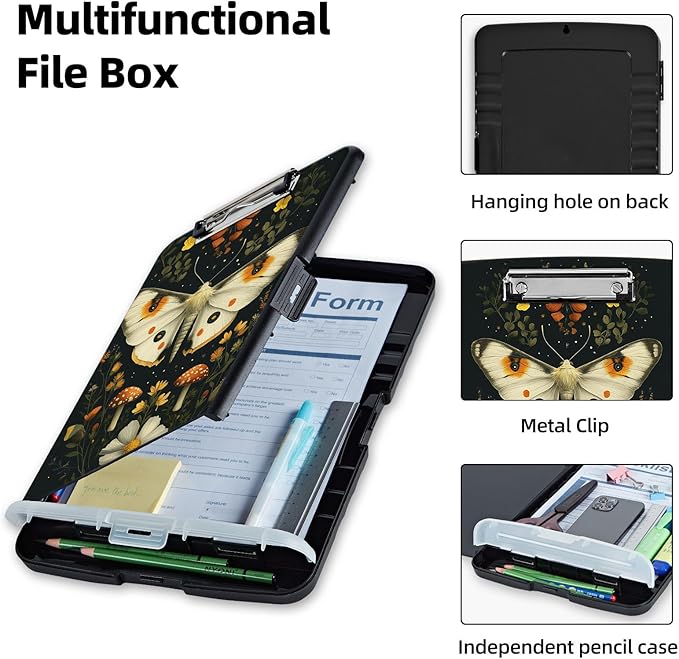 Clipboard with Storage Box & Pen Holder,Heavy Duty Clip Boards 8.5x11 for Nursing,High Capacity,School & Office Supplies,Moth Flowers Mushrooms
