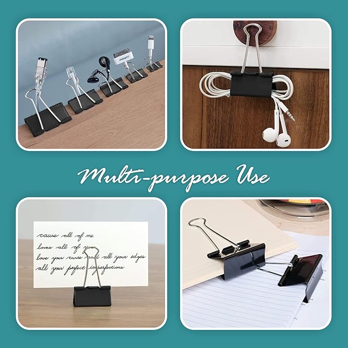Binder Clips - 60 Medium Binder Clips, 1.25 Inch Black Paper Clamps, File Clip for Home, Office and School Supplies
