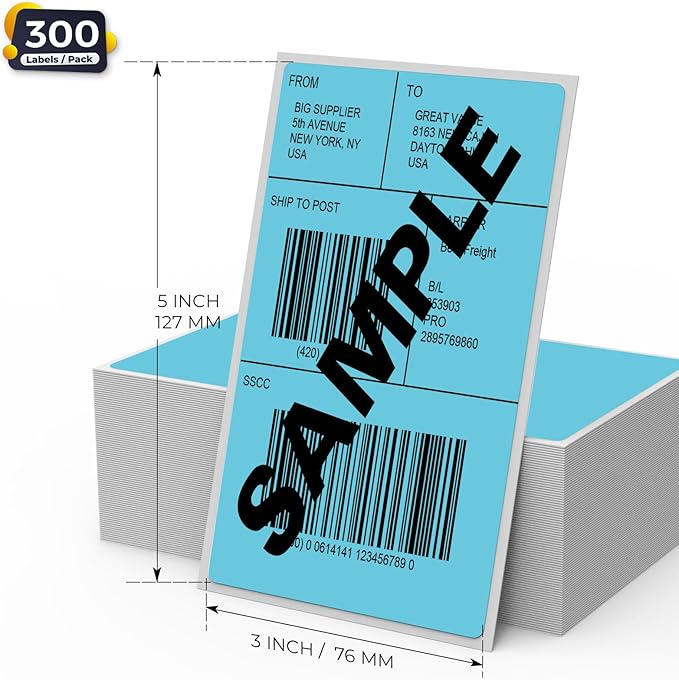 Blue Thermal Labels 3 × 5 Inch Vinyl Self-Adhesive Fanfold Direct Shipping Stickers Waterproof Perforated Printer Decal for Office Warehouse Barcode 300 PCS