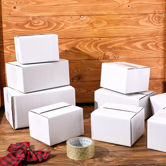 Outus 32 Pack 4 Sizes Shipping Boxes Mailers Corrugated Cardboard Box Kraft Mailing Boxes Small Packing Box with Packaging Tape for Shipping Packing Mailing (White)