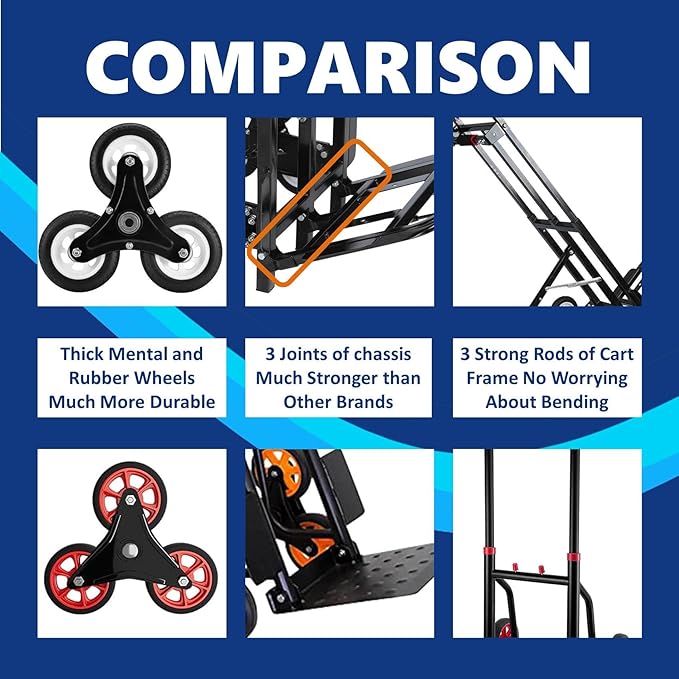 Hand Truck Dolly – 6 Years in Service – Stair Climbing Cart, Stair Climber Cart 460 Lb Capacity All Terrain Stair Dolly Heavy Duty with Telescoping Handle and 6 Wheels (Black) 2 Climbing Ropes