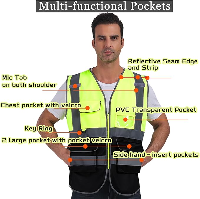 Custom Safety Vest with Logo Pockets High Visibility Reflective Vests Construction Security Workwear