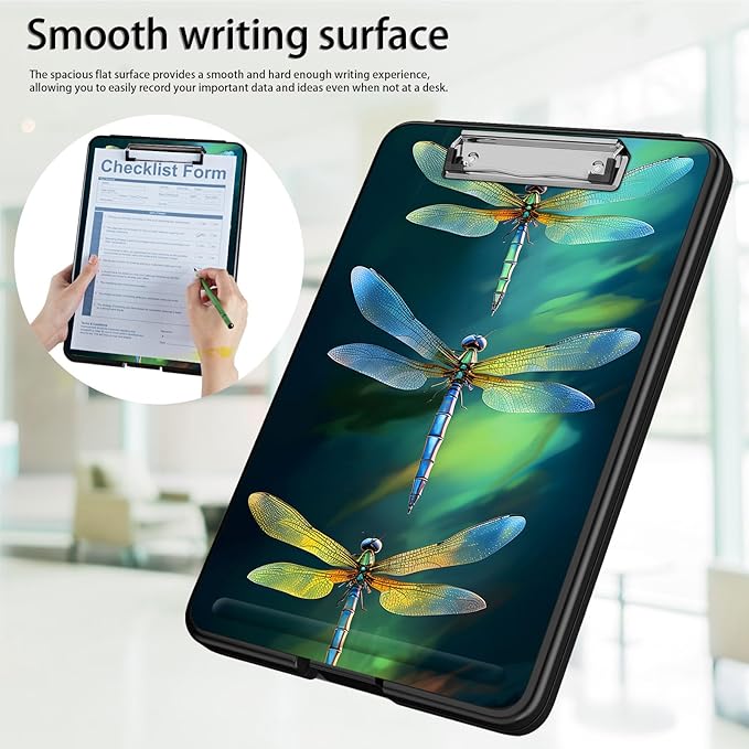Clipboard with Storage,Office Supplies Nursing Clipboards Folder with Pen Holder Plastic Foldable Clip Board with Storage for Nurse Teacher,Green Dragonflies