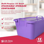 Life Story 12 Pack Light Duty Stackable Storage Bin, 55 Quart Home Organizer, Versatile Lightweight Locking Bins with Carrying Handles, Purple
