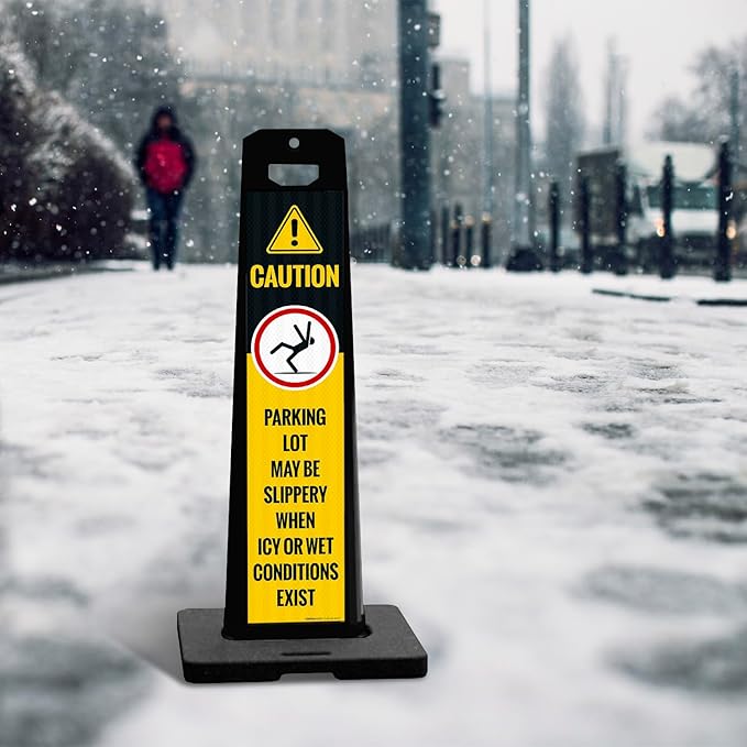 Caution Parking Lot May Be Slippery When Icy Or Wet Conditions Vertical Panel Sign Kit, Double Sided 3M Engineer Grade Reflective, 20 lbs Black Portable Rubber Base, Impact Resistant Plastic Frame