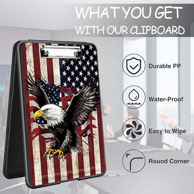 Clipboard with Storage, High Capacity Plastic Storage Clipboard with Pen Holder for for Women Teachers Work, School & Office Supplies, Cute Pattern Decorative Clipboards, America Falg Eagle