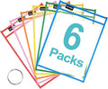 SUNEE 6 Packs Oversized Reusable Dry Erase Pocket Sleeves with Binder Ring, 6 Assorted Colors 10x14 Ticket Holders, Clear Plastic Sheet Protectors, Teacher School Classroom Supplies