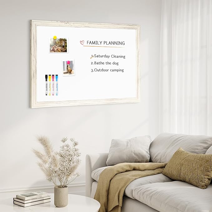 4 THOUGHT Dry Erase Board, 18 x 24 in Magnetic Whiteboard White Vintage Wood Frame Wall-Mounted White Board Decorative Notice Board for School, Office, Home, 8 Magnets 4 Markers 1 Eraser