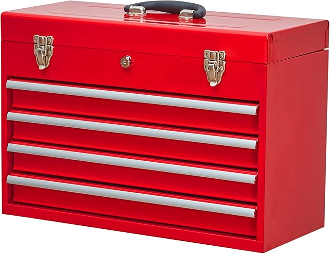 4 Drawers Metal Tool Box Portable Steel Tool Chest with Metal Latch Closure & Key Lock, 20" Powder Coating Top Storage Tray Toolbox with Handle, Suitable for Repair Shop & Garage (Red)