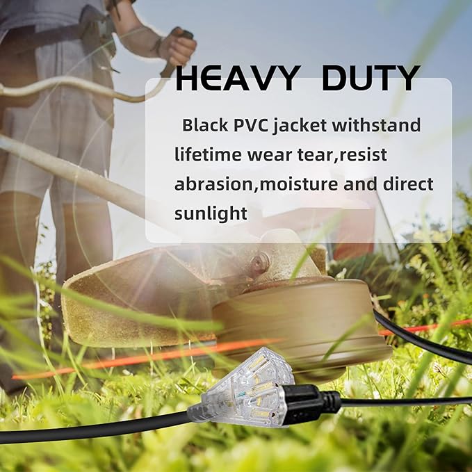 3-Outlets Indoor Outdoor Extension Cord Weatherproof with Lighted End, UL Listed, 10 Gauge 25FT Black 3 Prong Heavy Duty, 10/3 SJTW 15A Power Cord
