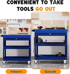 3 Tier Tool Cart on Wheels with Drawers - Three Tier Rolling Cart with Lockable Storage - Mechanic Tool Chest - Tool Chest with Wheels Used in Garage, Indoors, Workshop (Blue)