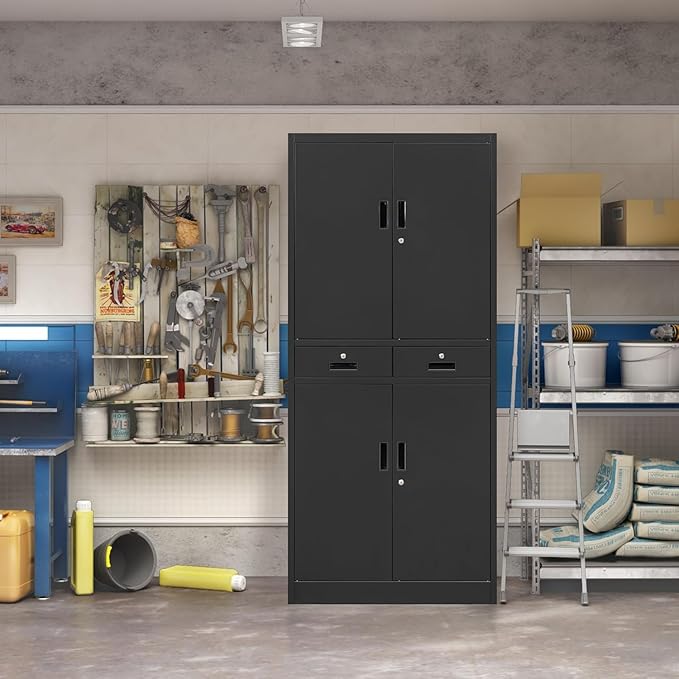 Metal Storage Cabinet，71" Garage Storage Cabinet with 2 Locking Drawer and 2 Adjustable Shelves ，Black Tool Cabinet，Lockable File Steel Cabinet for Home, Office, Gym, School.