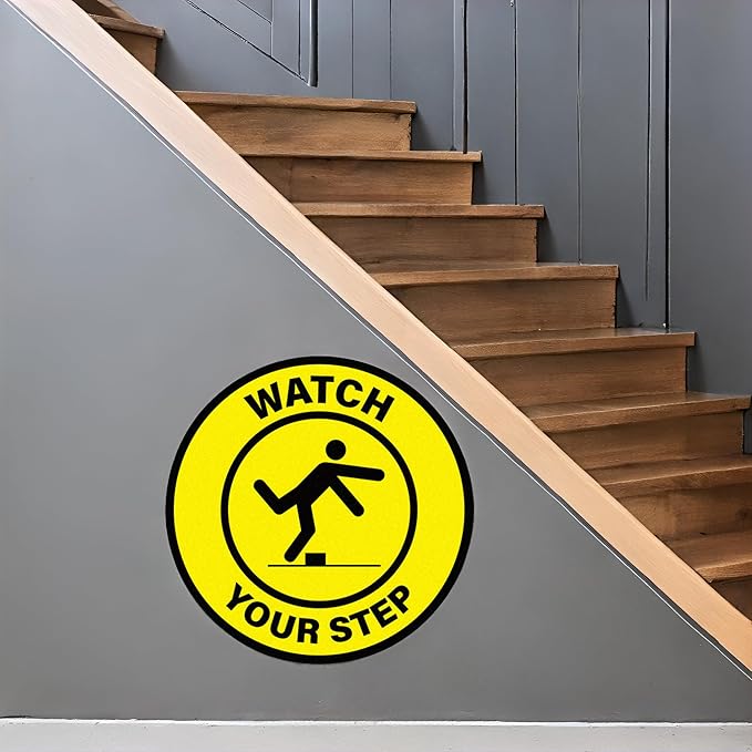 5 Pack Watch Your Step Floor Sticker Anti-Slip Safety Caution Sign 17 × 17 Inches Self Adhesive Vinyl Waterproof Signage for Workplace Stair Public Area