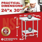 DuraSteel NSF Stainless Steel Table - 24 x 30 Inch Metal Work Table w/Undershelf - Commercial Kitchen, Restaurant, Garage, Laundry - Outdoor Stainless Steel Prep Tables Countertop Island Grill Small