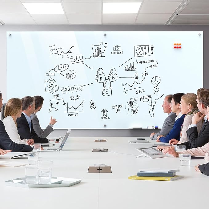 MaxGear Glass Whiteboard 96x48 Inches Wall Mounted, Magnetic White Board with 1 Eraser, 1 Accessory Tray, 4 Markers and 6 Magnets, Extra Large Frameless Dry Erase Board for Office, School, Home
