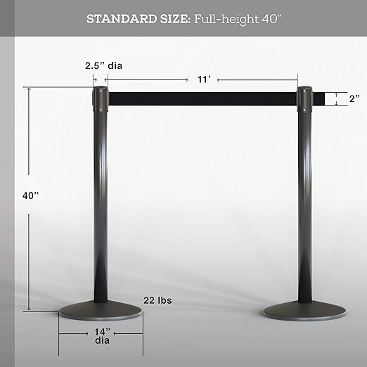 Qbuster Black Stanchions with Retractable Belt, Crowd Control Safety Barrier with 11’ Black Belt, 1 Sign Holder, Set of 2 Posts