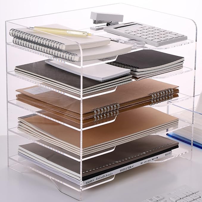 Acrylic Paper Letter Tray Organizer, 5 Tiers, Transparent, Modern, Rectangular, Stackable, Office