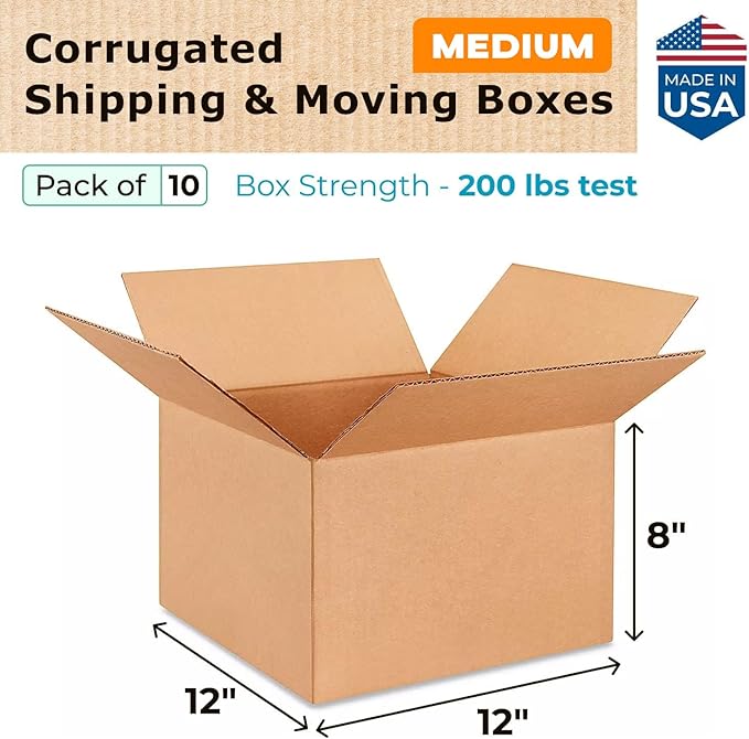 IDL Packaging - B-12128-10 Medium Corrugated Shipping Boxes 12"L x 12”W x 8"H (Pack of 10) - Excellent Choice of Strong Packing Boxes for USPS, UPS, FedEx Shipping