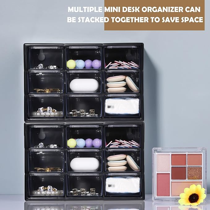 Amyhill 6 Pcs Mini Drawer Organizer Small Organizer with 9 Drawers Plastic Desktop Craft Storage Box for Office Home Room Jewelry Cosmetics Collection(Black)