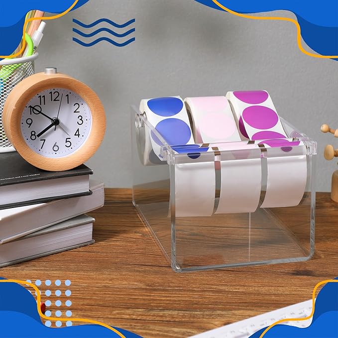 1 Pcs Adjustable Label Dispenser 3 Disks Sticker Roll Holder Sticker Dispenser Label Roll Holder Acrylic Tape Organizer Stand for Office Home Desktop(Transparent)